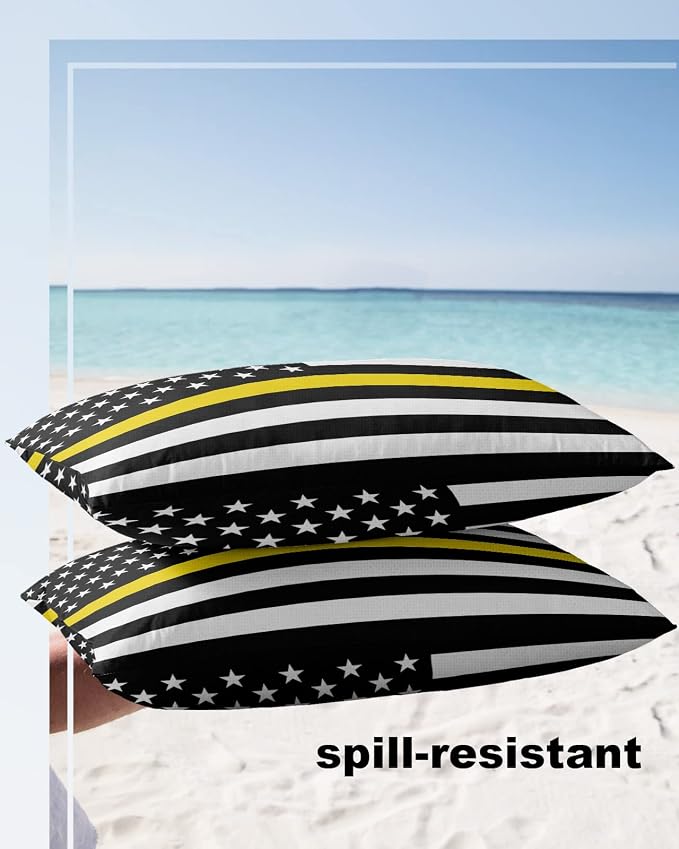 Outdoor Waterproof Pillow Covers Set of 2, Thin Yellow Line Gold Emergency Dispatchers Truck Flag Patio Throw Pillow Covers, Decorative Cushion Case for Couch Sofa Furniture Garden, 20x12 Inch