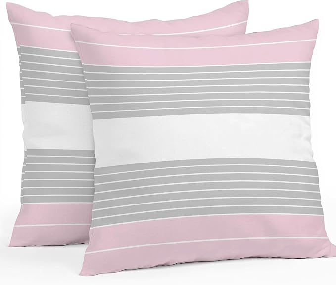 Pink Grey Stripe Outdoor Pillow Covers Waterproof, All Weather Cushion Case Set of 2, Modern Art Horizontal Striped Decorative Pillowcases for Sofa Couch Bed Decor Patio Furniture 16"x16"