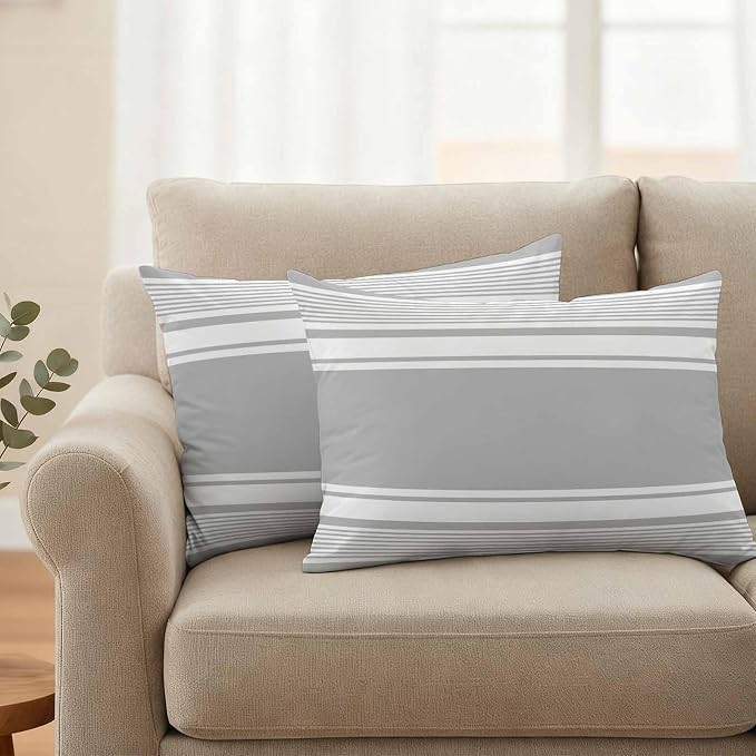Vandarllin Outdoor Throw Pillows Covers 20x12 inch Set of 2 Waterproof Grey Stripes Decorative Zippered Cushion Covers for Patio Furniture, Striped Lines Lumbar Pillowcases