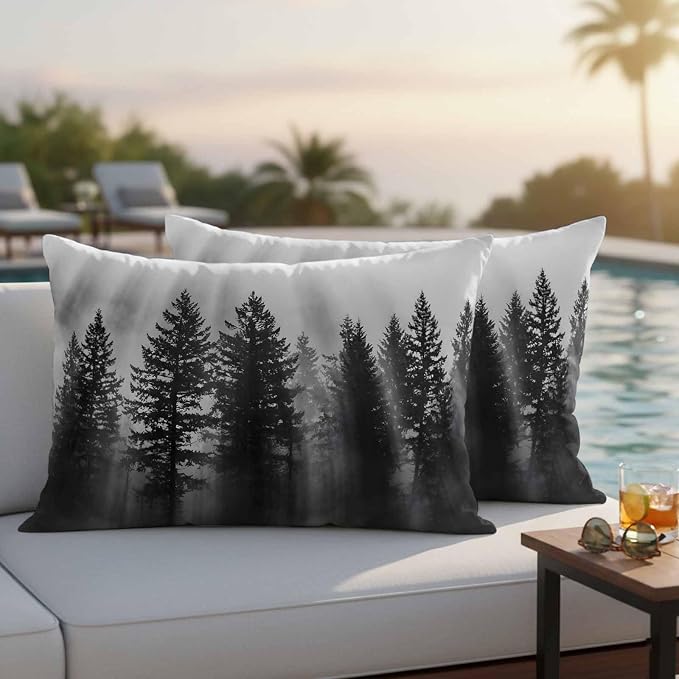 Black Forest Mist Scenery Outdoor Pillow Covers 20"x12" Set of 2, Nature Pine Trees Sunbeams Modern Waterproof Throw Pillow Covers for Patio Furniture, Decorative Cushion Covers for Porch