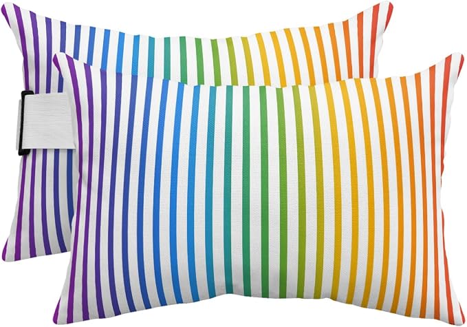 Pack of 2 Outdoor Lumbar Pillow Covers 12x20 Inch, Thin Rainbow Striped Waterproof Throw Pillow Covers Set, Farmhouse Modern Stripes Indoor&Outdoor Decorative Cushion Cases for Patio Porch Car