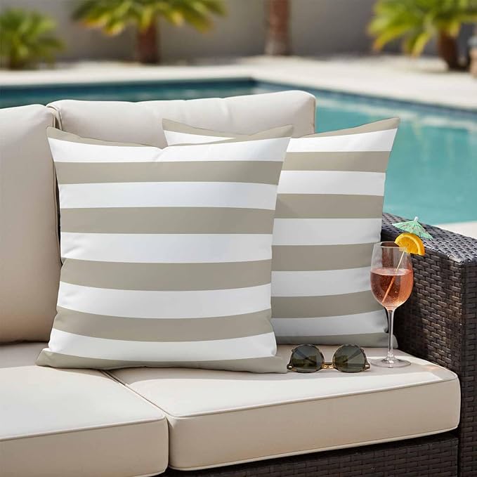 JasmineM Outdoor Pillow Cover 20x20 Inches Set of 2 Tan and White Stripe Waterproof Throw Pillow Covers Taupe Tan Brown Stripes Decorative Pillowcases Garden Cushion Case for Patio Couch Sofa