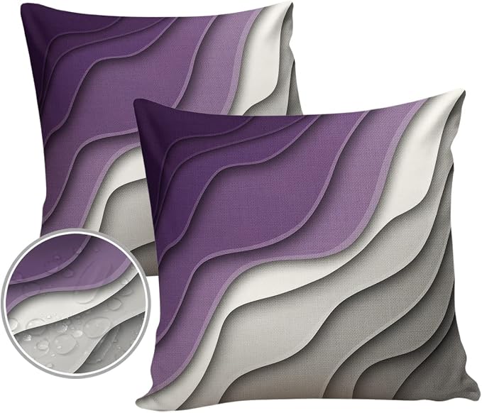 Funy Decor Waterproof Outdoor Throw Pillow Cover Purple Grey Modern Geometric Lumbar Pillowcases Set of 2 Abstract Beach Decorative Patio Furniture Pillows for Couch Garden 18x18 inch x 2pcs