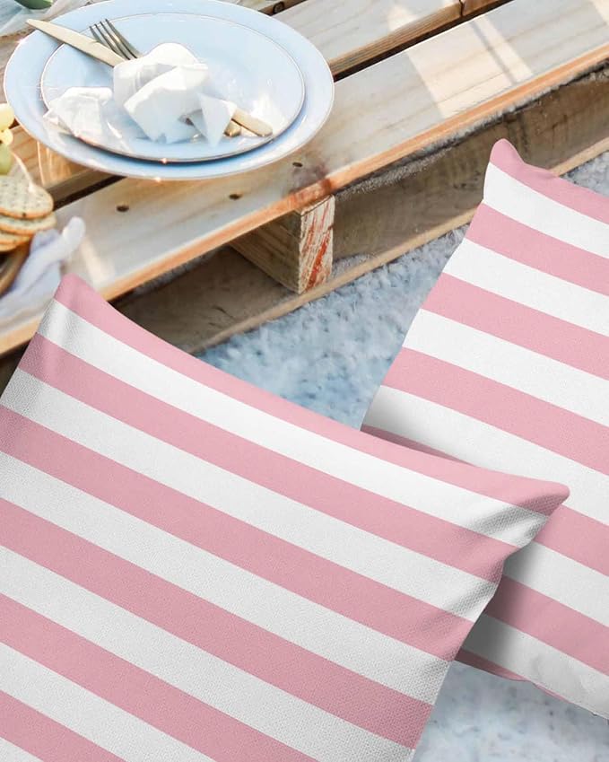 Outdoor Pillows 26x26 Waterproof Outdoor Pillow Covers Pink White Stripes Polyester Throw Pillow Covers Garden Cushion Decorative Case for Patio Couch Decoration Set of 2 Valentine's Day