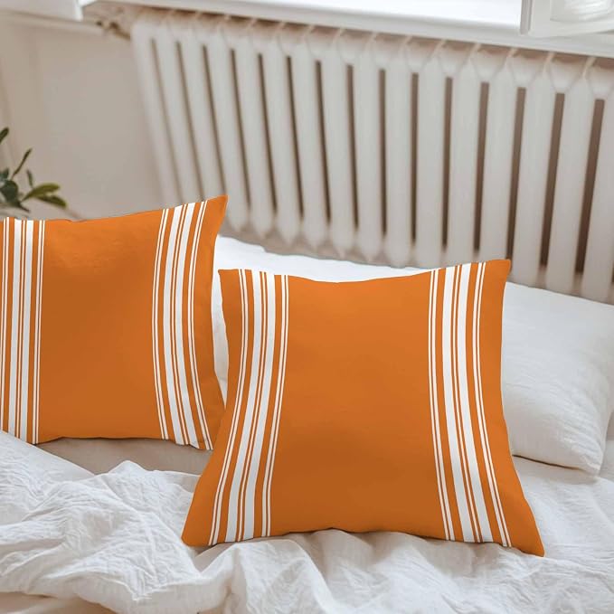 Outdoor Pillow Covers 18x18 Set of 2 Fall Orange Stripes Outdoor Pillows Waterproof Throw Pillow Covers French Stripe Farmhouse Style Pillowcases Decorative Case for Patio Cushion