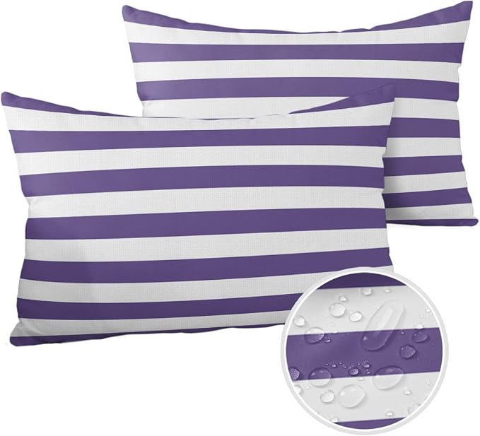 Outdoor Pillows 20x12 Waterproof Outdoor Pillow Covers Purple White Stripes Polyester Throw Pillow Covers Garden Cushion Decorative Case for Patio Couch Decoration Set of 2 Geometric