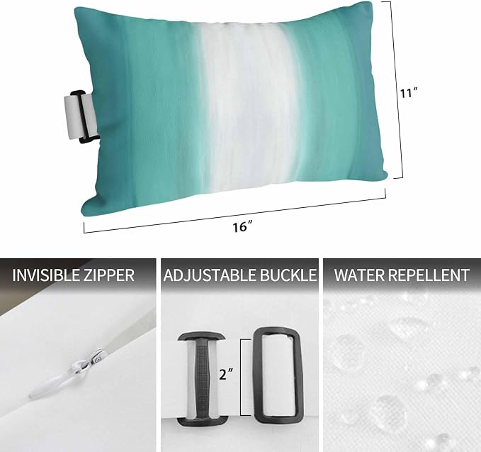 Outdoor Lumbar Pillow Set of 1, Teal Green Striped Waterproof Beach Headrest Pillow with Inserts, Turquoise Ombre Farmhouse Gradient Recliner Throw Pillows for Patio Furniture, 12 x 20