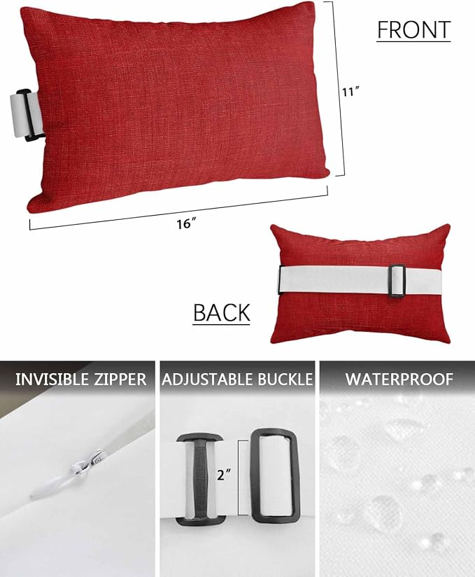 Outdoor Pillow for Chaise Lounge Chair Red Rustic Vintage Burlap Texture Outdoor Pillows Waterproof with Adjustable Strap Headrest Lumbar Pillows for Garden Patio Furniture 1 Pack 11" x 16"