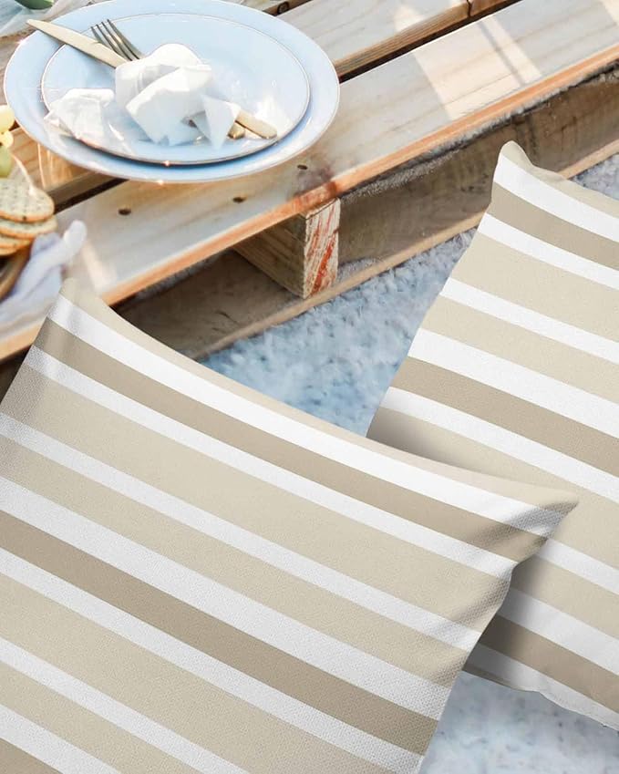 Outdoor Waterproof Throw Pillow Covers Set of 2 Khaki Beige Stripes Decorative Outdoor Pillows Cushion Case 20x20 Inch Classic Striped Patio Pillows for Couch Sofa Bed Garden Office Home Decor