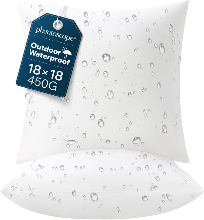 Phantoscope 18x18 Outdoor Pillow Inserts, Waterproof Outdoor Pillows 2-Pack | Water-Resistant Indoor and Outdoor Pillow Inserts, Hypoallergenic Pillow Stuffers for Patio, Porch, Garden, Plush, Supportive