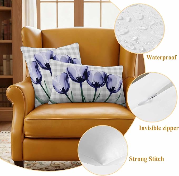 Light Purple Tulip Waterproof Outdoor Pillow Covers Set of 2 Home Decor, Farmhouse Flowers Grey Checkered Pillowcase Patio Pillow Covers for Couch Bench Furniture Garden 16x16in