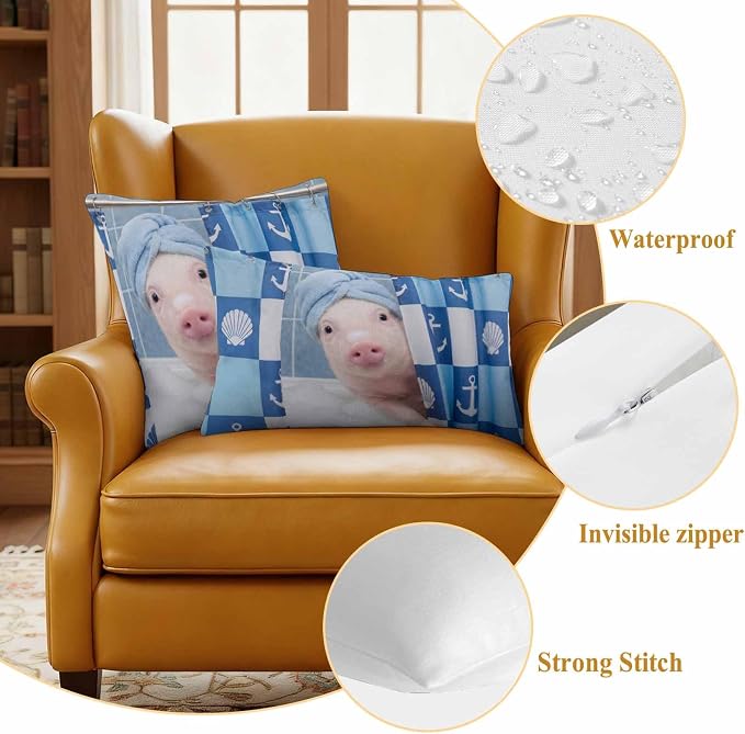 Bathing Pig Waterproof Outdoor Pillow Covers Set of 2 Home Decor, Funny Animal Showering Pillowcase Patio Pillow Covers for Couch Bench Patio Furniture Garden 18x18in