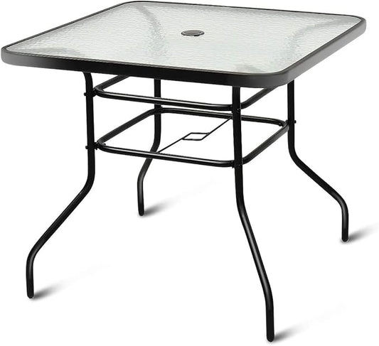Tangkula 32" Square Outdoor Dining Table with Tempered Glass Top, Outside Bistro Table with 2" Umbrella Hole & Metal Frame, Patio Dining Table for Backyard, Lawn, Deck & Poolside