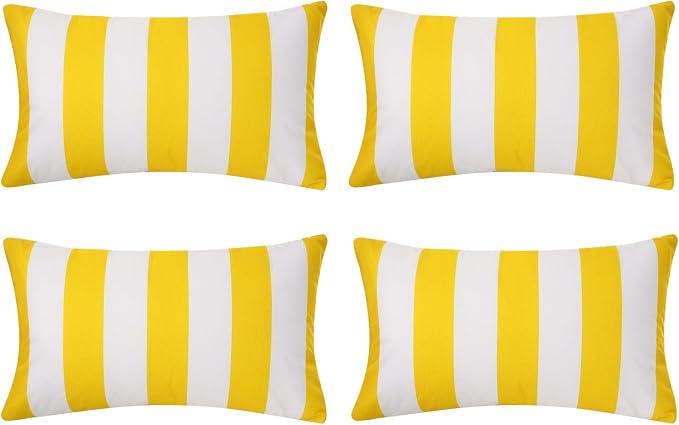 tiggell 4 Pack Waterproof Pillow Covers Outdoor Throw Pillowcases Decorative Garden Cushion Case for Home Garden Patio Couch Balcony Striped (Yellow & White, 12 * 20 inch)