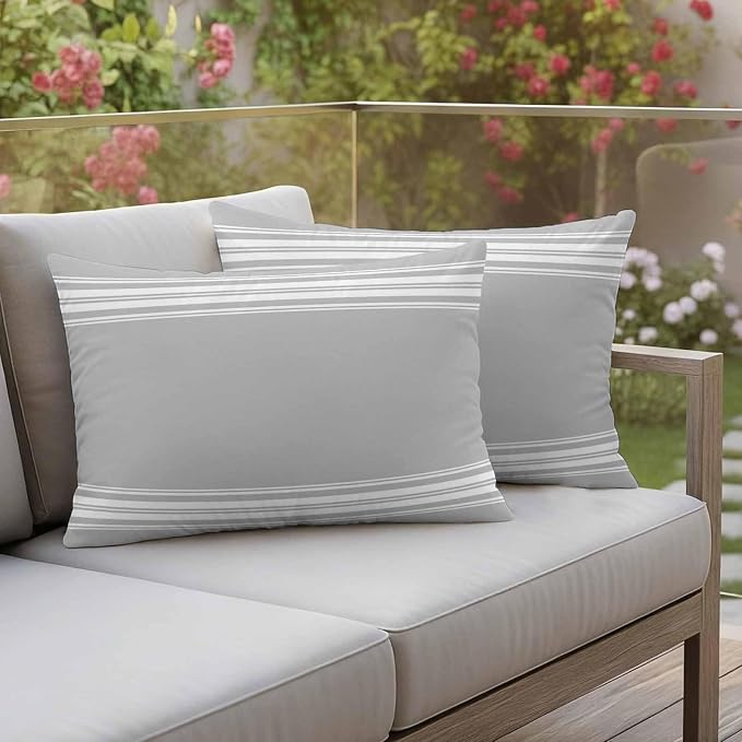 Outdoor Pillow Covers 12x20 Set of 2 Grey Stripes Outdoor Pillows Waterproof Throw Pillow Covers French Stripe Farmhouse Style Pillowcases Decorative Case for Patio Cushion