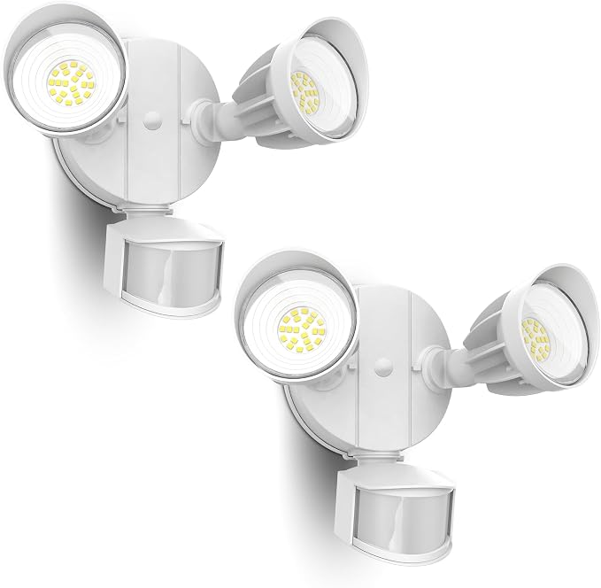UME 2 Pack LED Security Light Motion Sensor Outdoor Lights, 27W 3500LM, 5000K, IP65 Waterproof, Dusk to Dawn, 2 Head Motion Detector Flood Light for Outside, Garage, Yard (White)