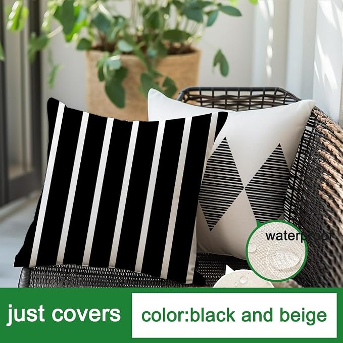 Outdoor Pillows Covers 16x16 Waterproof,Black and Beige Set of 4(No Insert) | for Covered Patio Furniture Couch Sunbrella,No Insert Just Covers,Durable Polyester,Fit 16x16 inch Inserts or Smaller,Boho
