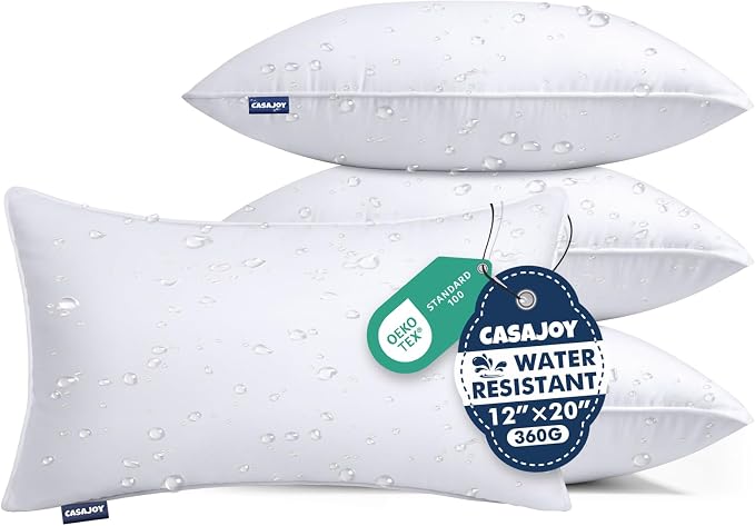 Outdoor Pillows 12x20 Set of 4 Water Resistant Lumbar Pillow Insert | Waterproof Throw Pillows, Convenient Zipper Design, Fluffy & Supportive, Decorative Pillow for Patio Porch & Couch
