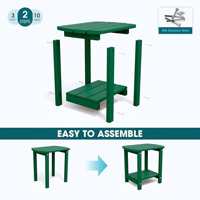 THOEOE Adirondack Outdoor Side Table, 2-Tier Sturdy Patio End Table Weather Resistant, Morden Side Table for Patio, Pool, Porch, Green