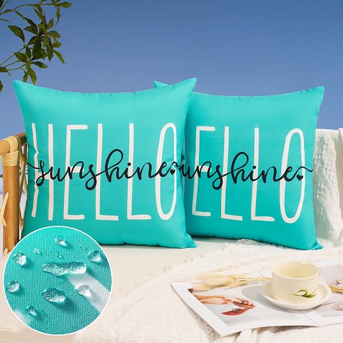 DFXSZ Blue Green Outdoor Waterproof Pillow Covers 20x20 Set of 2 | Hello Sunshine Decor Spring Summer Polyester Pillow Covers(NO INSERTS)| Decor for Patio Funiture Garden Sofa Couch