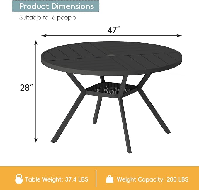 47" Outdoor Patio Table Dining Table All Weather Metal Round Patio Dining Table with Adjustable Umbrella Hole Patio Furniture for Lawn Garden Backyard, Black