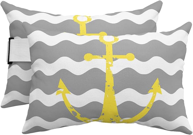 Prime Leader Recliner Head Pillow Lounge Chair Pillows with Insert Yellow Nautical Anchor Grey Wavy Stripes Lumbar Pillow with Adjustable Strap Outdoor Waterproof Patio Pillows for Beach Pool, 2 PCS