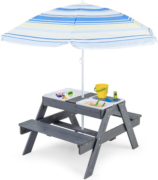 HONEY JOY Kids Picnic Table, 4 in 1 Cedar Wooden Sand & Water Table w/ 3 Removable Box & Umbrella, Kids Picnic Tables for Outdoors Backyard Garden, Toddler Patio Furniture Set for Boys Girls(Gray)