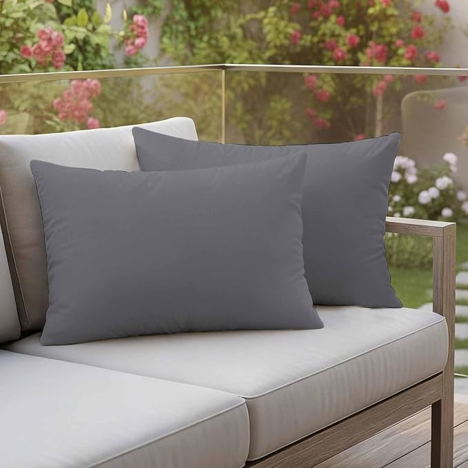 Lumbar Pillow Covers 12 x 20 Inches, Grey Pure Color Waterproof Throw Pillow Cover Set of 2, Aesthetics Contemporary Luxury Decorative Rectangle Cushion Covers for Patio/Couch/Garden