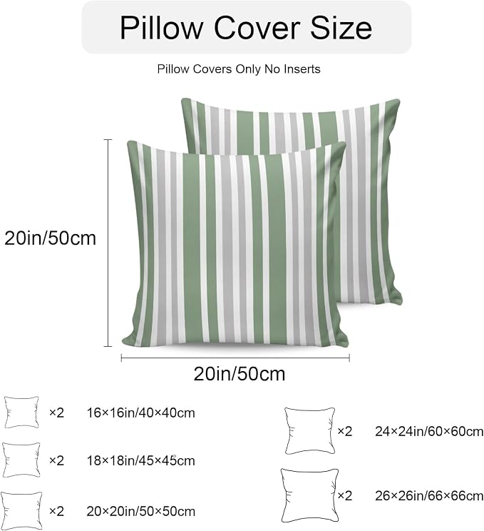 Sage Green Grey Stripe Outdoor Pillow Covers 26x26 Inch Throw Pillow Covers Set of 2 Waterproof Decorative Pillow Cases Farmhouse Minimalist Striped Cushion Covers for Patio Furniture Garden Couch