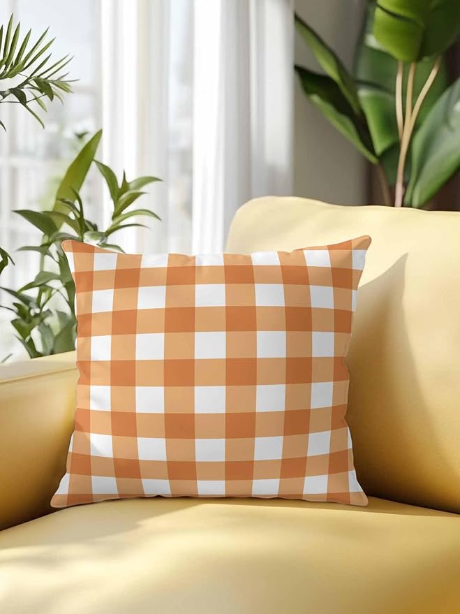 Waterproof Outdoor Pillow 1 Pack Orange Buffalo Plaid Decorative Throw Pillows Cover & Insert 18x18 Inch Pillowcase Check Lines Square Pillows for Couch Sofa Bed Patio Furniture Indoor Outdoor