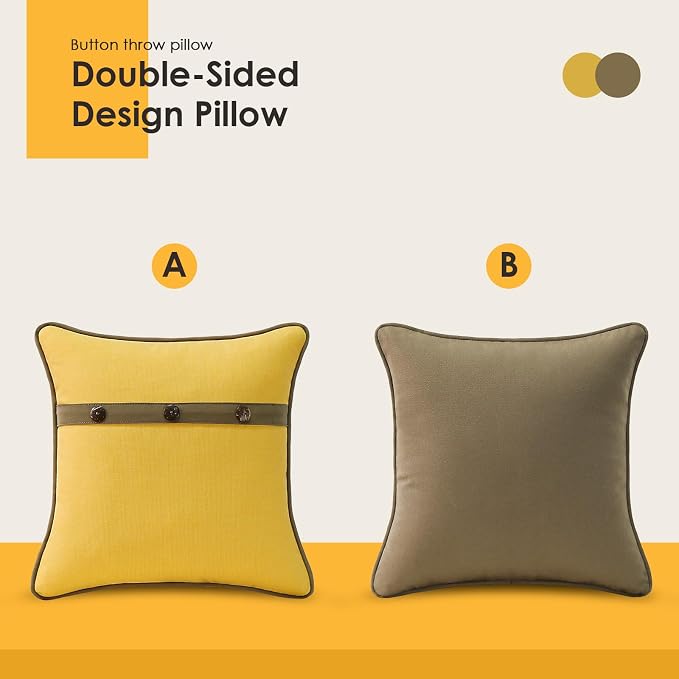 Outdoor Sunbrella Decorative Pillows with Triple Coconut Buttons Pack of 4, 18" x 18" Outdoor Pillow Set for Couch Bed Throw Patio Sofa, Spectrum Daffodil/Canvas Cocoa