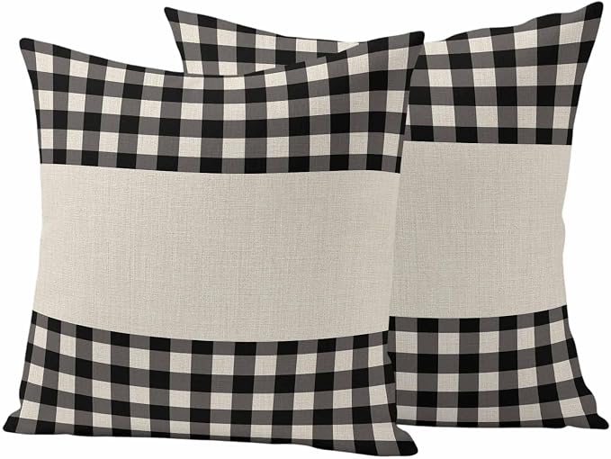 Retro Black Outdoor Waterproof Pillow Covers, Farmhouse Buffalo Plaid Vintage Beige Decorative Square Throw Pillowcase Sofa Cushion Sham for Patio/Couch/Chair, 24"x24" 2 Pack