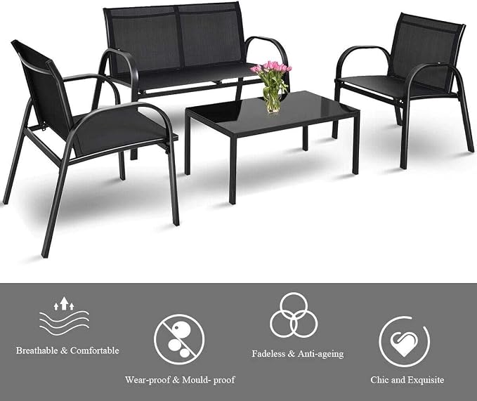 HAPPYGRILL 4 Pieces Patio Furniture Outdoor Garden Patio Table Set Poolside Lawn Chairs with Glass Coffee Table