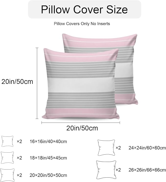 Pink Grey Stripe Outdoor Pillow Covers Waterproof, All Weather Cushion Case Set of 2, Modern Art Horizontal Striped Decorative Pillowcases for Sofa Couch Bed Decor Patio Furniture 16"x16"