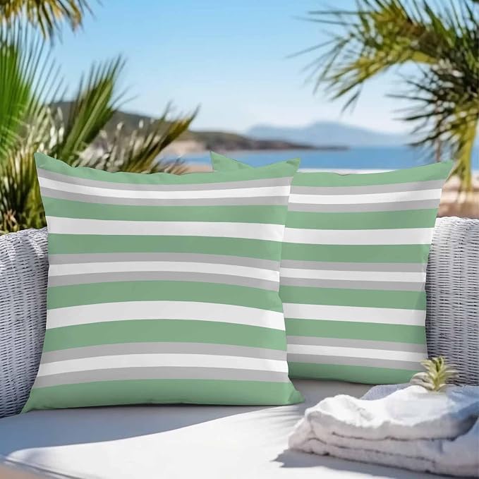 Green Grey Stripe Outdoor Pillow Covers Waterproof, All Weather Cushion Case Set of 2, Minimalist Farmhouse Striped Decorative Pillowcases for Sofa Couch Bed Decor Patio Furniture 16"x16"