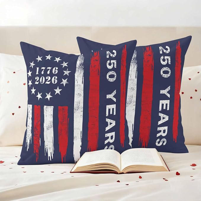 250 Years America Outdoor Pillow Covers 24"x24" Set of 2, Waterproof Throw Pillow Covers for Patio Furniture, USA 250th Anniversary Red White Blue Decorative Cushion Covers for Porch
