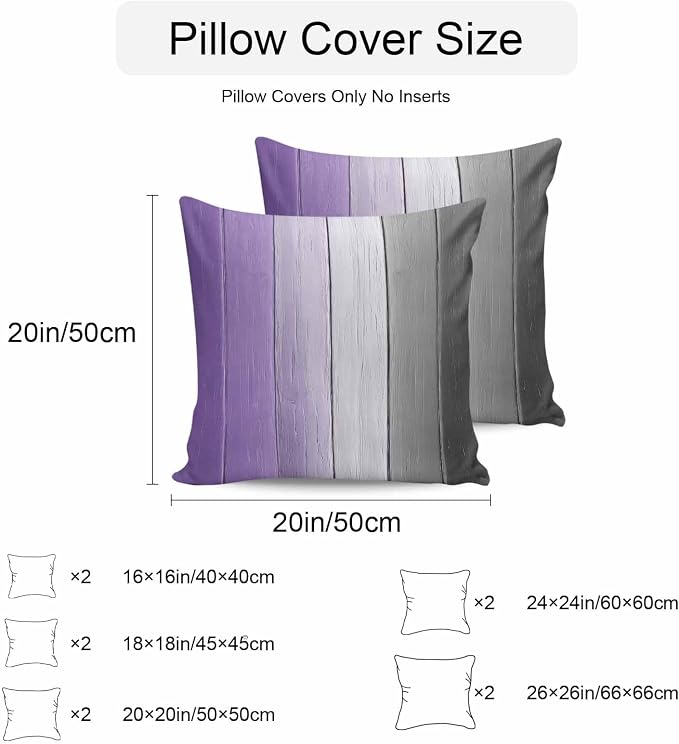 Throw Pillow Covers 24x24 Inch Set of 2, Purple Gray Ombre Waterproof Outdoor Cushion Covers, Vintage Country Wooden Decorative Pillowcases for Couch, Sofa, Bed, Garden, Patio