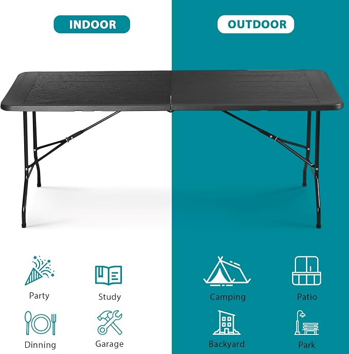 ZENY 6ft Portable Folding Table Plastic Indoor Outdoor Picnic Party Camp Dining Table with Handle (Black, 71" x 27")