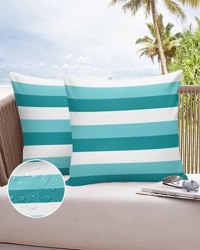 Pack of 2 Turquoise Green Stripe Outdoor Pillow Waterproof Covers 20x20 inch, Modern Art Polyester Throw Pillow Covers Garden Cushion Decorative Case for Patio Couch Decoration