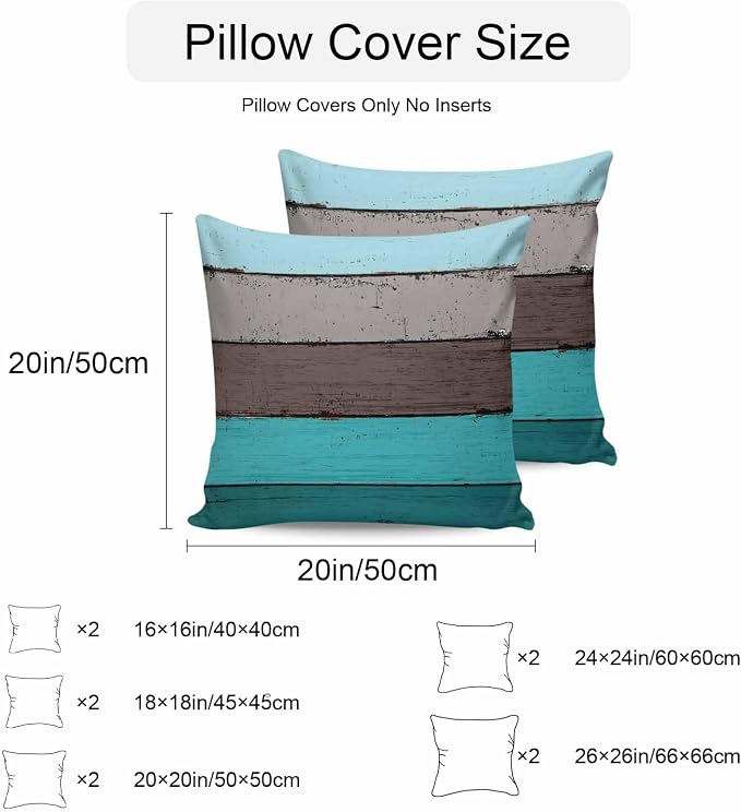 Outdoor Throw Pillow Covers 16X16 Set of 2 Waterproof Ombre Peacock Blue Gray Decorative Zippered Cushion Covers for Patio Furniture, Farmhouse Retro Rustic Barn Wood Texture Lumbar Pillowcases