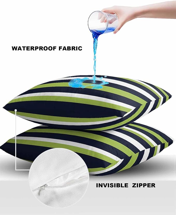 Pack of 2 Blue Green White Stripes Outdoor Pillow Waterproof Covers 26x26 inch, Classic Geometric Polyester Throw Pillow Covers Garden Cushion Decorative Case for Patio Couch Decoration