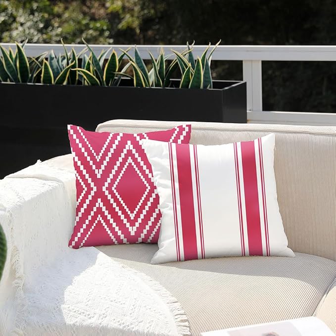 DFXSZ Outdoor Hot Pink Waterproof Geometry Pillow Covers 20x20 Set of 4 | Summer Waterproof Modern Throw Pillowcases（No Inserts） Outdoor Decor for valentines Patio Funiture Garden Polyester Covers