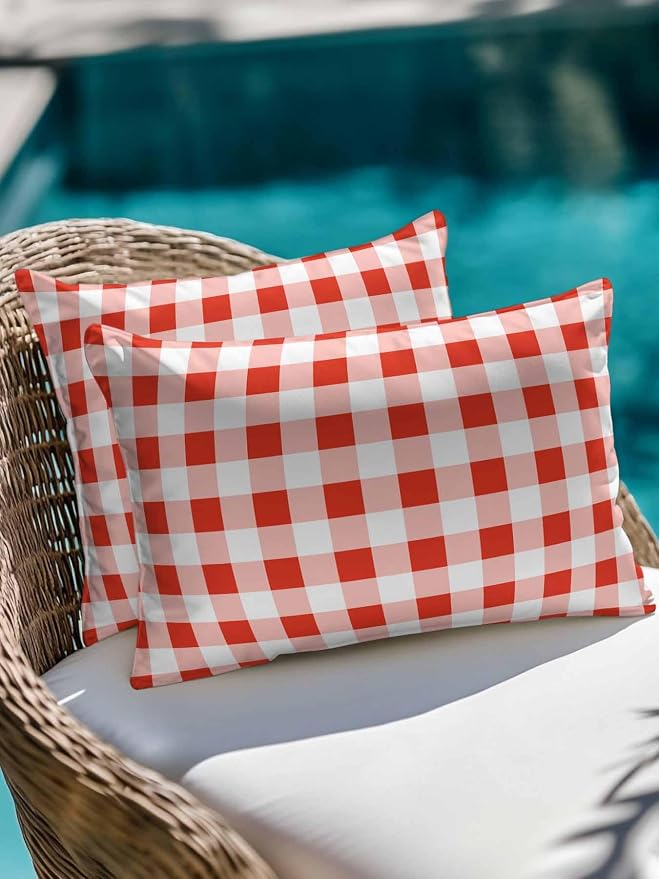 Waterproof Outdoor Pillow Set of 2 Red Buffalo Plaid Decorative Throw Pillows Cover & Insert 20x12 Inch Lumbar Pillowcase Check Lines Pillows for Couch Sofa Bed Patio Furniture Indoor Outdoor