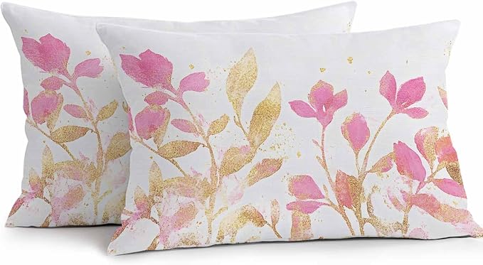 Vandarllin Outdoor Throw Pillows Covers 20x12 inch Set of 2 Waterproof Pink Yellow Flowers Decorative Zippered Cushion Covers for Patio Furniture, Wildflowers Lumbar Pillowcases