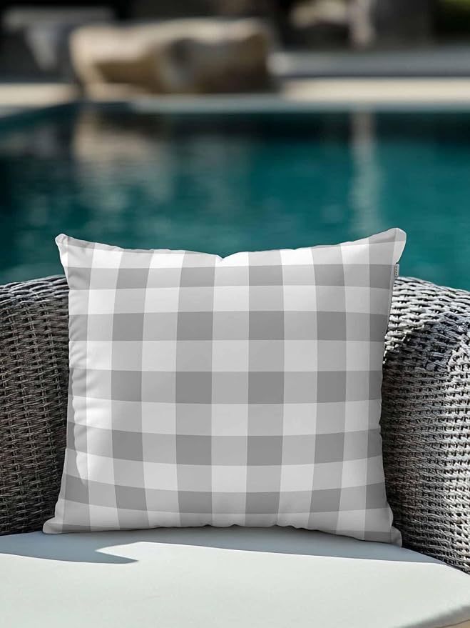 Waterproof Outdoor Pillow 1 Pack Grey Buffalo Plaid Decorative Throw Pillows Cover & Insert 16x16 Inch Pillowcase Check Lines Square Pillows for Couch Sofa Bed Patio Furniture Indoor Outdoor