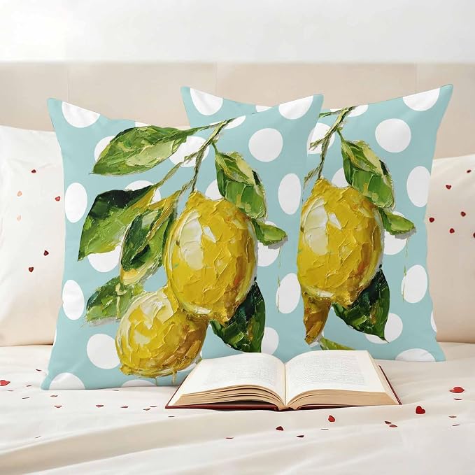 Waterproof Pillow Covers Set of 2,Summer Lemon Leaf Country Fruit Outdoor Pillow Protectors with Zipper Pillowcases for Patio Tent Garden Beach 18x18 Inches Polka Dot Light Blue
