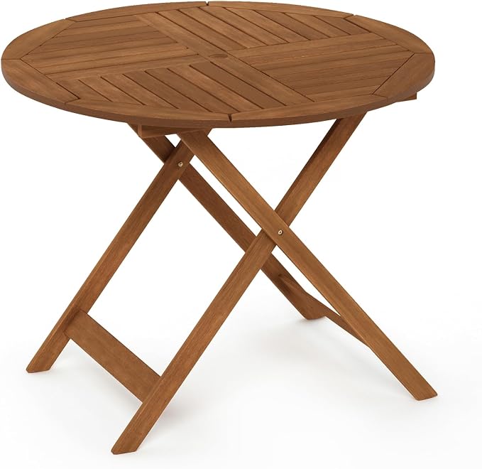 Furinno TIOMAN Folding Patio Dining Table, Outdoor Wooden Table with Umbrella Hole, Round 4-Person Patio Table for Garden, Porch, Backyard, Light Wood