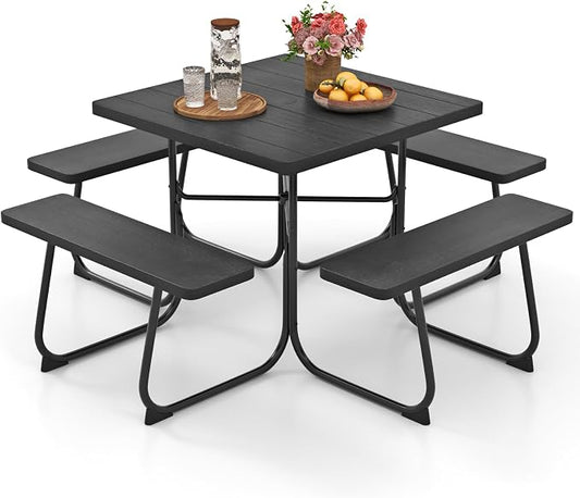 HAPPYGRILL 4-8 Person Square Picnic Table Bench Set with Umbrella Hole, Outdoor Camping Table with HDPE Material and Sturdy Metal Frame for Patio, Garden and Backyard, Black