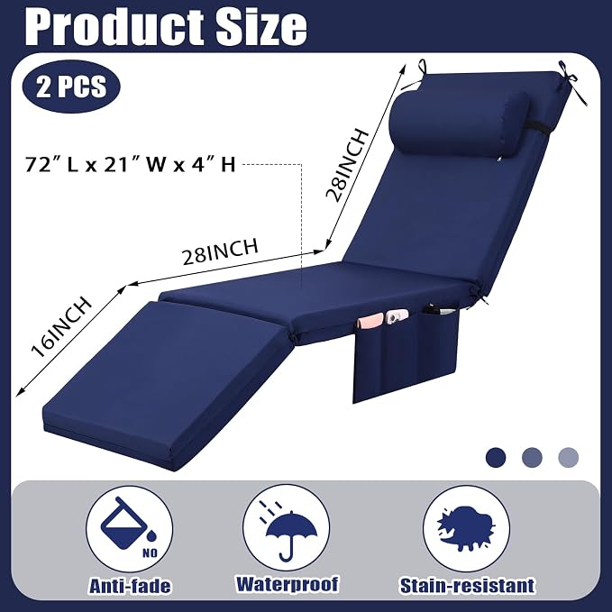 RattanView 2 Pcs Outdoor Chaise Lounge Cushion with Pillow and Side Pockets Waterproof Lounge Chair Cushions for Outdoor Furniture Patio Lounger Pad for Outside Pool Lawn (Navy Blue,72 x 21 x 4)