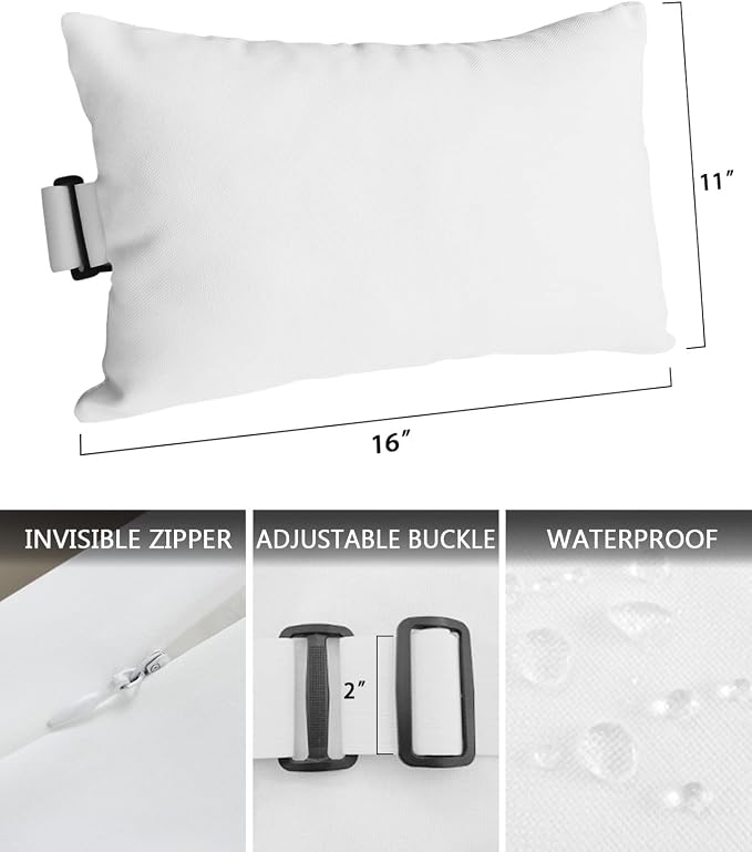 Outdoor Pillow for Lounge Chair with Strap & Insert Pure White Recliner Head Pillow Solid Color Waterproof Headrest Patio Lumbar Pillows for Beach Pool Office Chaise Chair 11x16 Inch